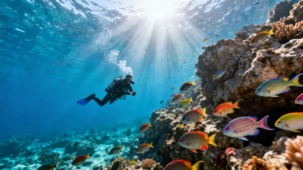 Scuba Diving News from Croatia: Scuba diver exploring a colourful underwater reef with tropical fish.