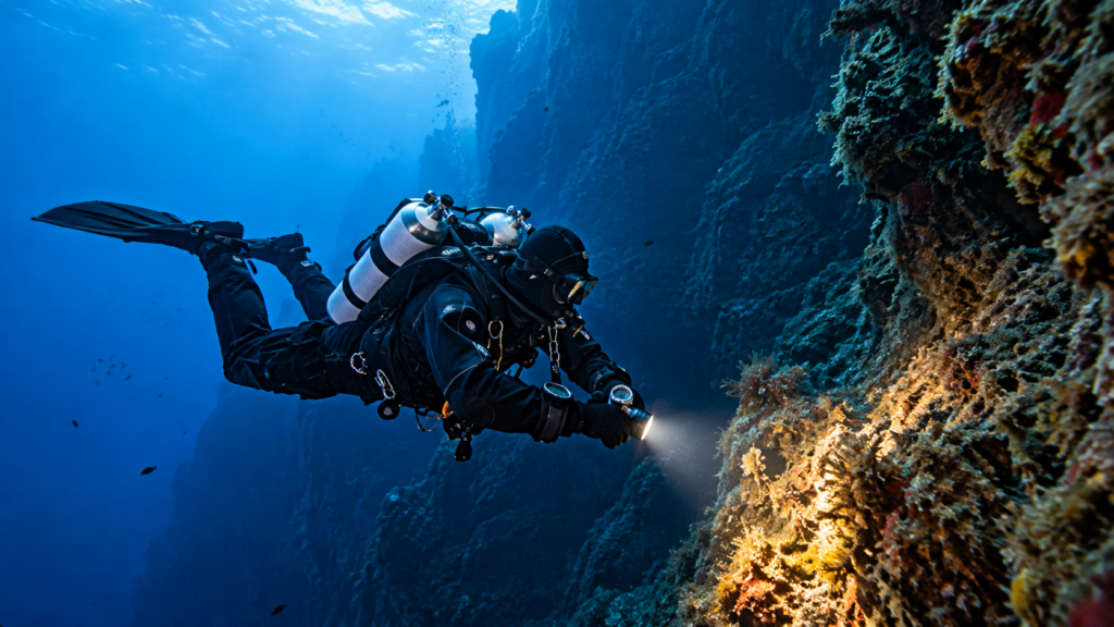 Technical Diving in Croatia: Experienced diver with twin cylinders exploring a deep underwater wall in the Adriatic Sea.